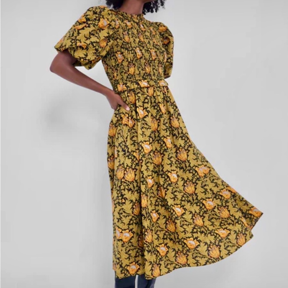 Tuckernuck NWT Floral Leafy Olive Yellow & Black Midi Dress size XL - Picture 3 of 5